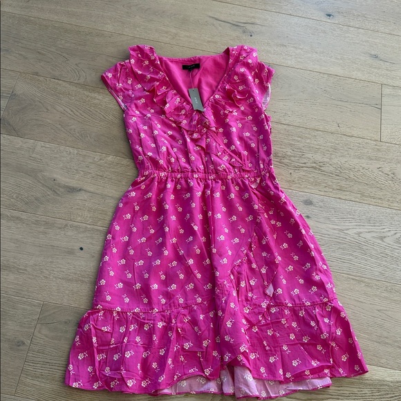 J. Crew Dress Size 2 Ruffle V Neck Mini Dress Pink White Floral Flirty Girly - Picture 3 of 11